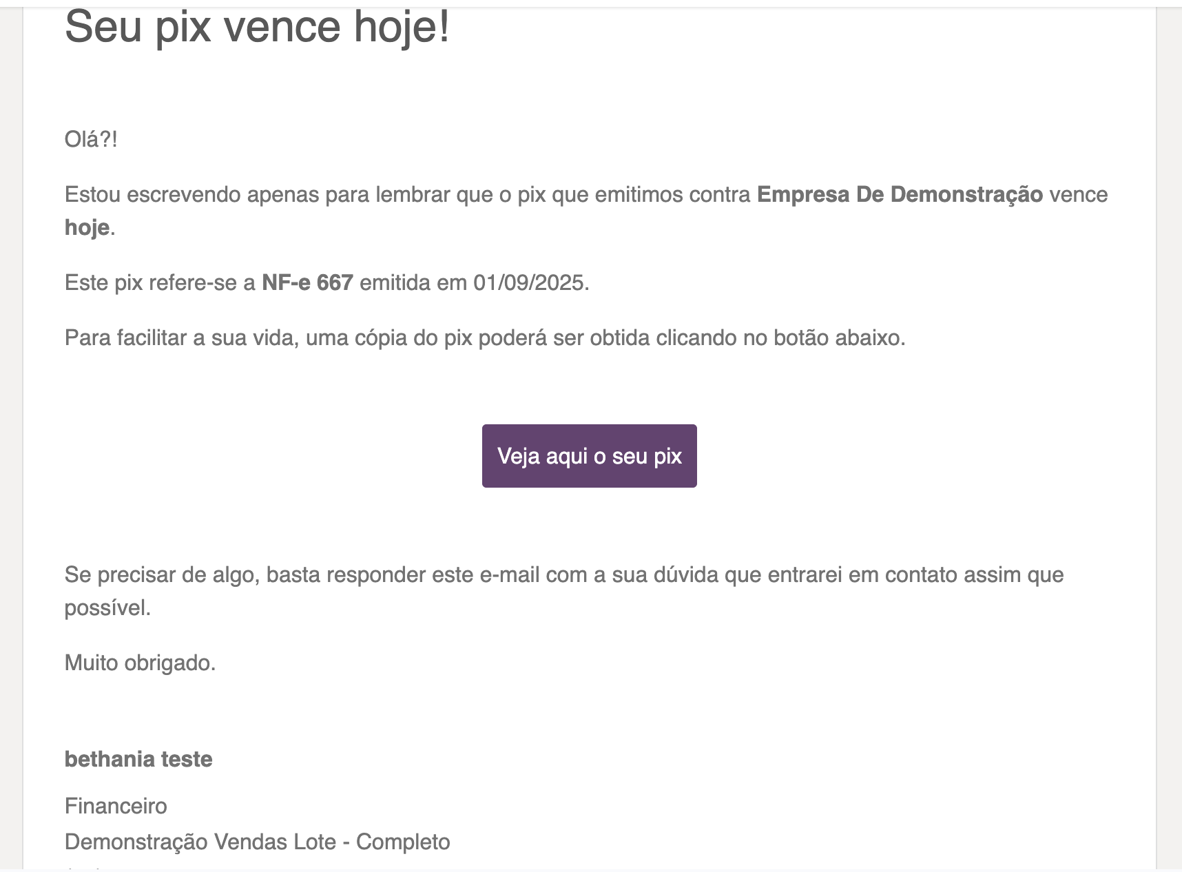 Exemplo de e-mail da régua de cobrança